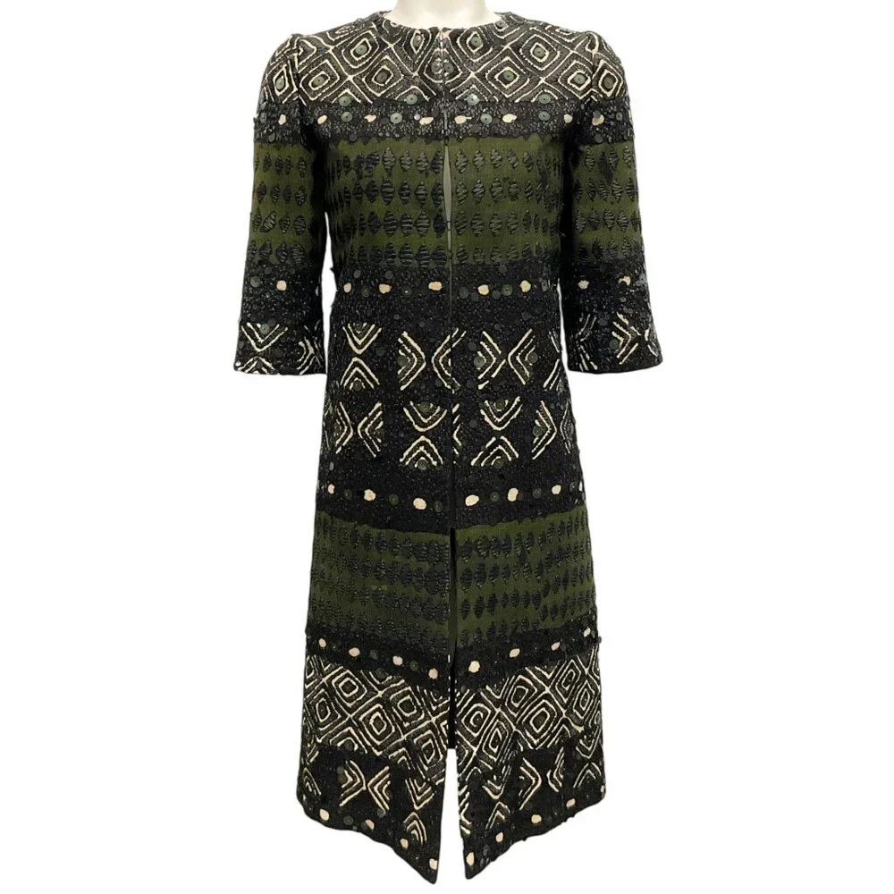 Oscar de la Renta Olive / Black Raffia and Sequin Embellished 3/4 Sleeve Coat - Picture 1 of 4